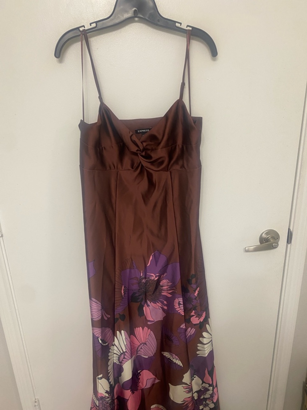 Express Brown Maxi Slip Dress with Purple & Pink Floral Print